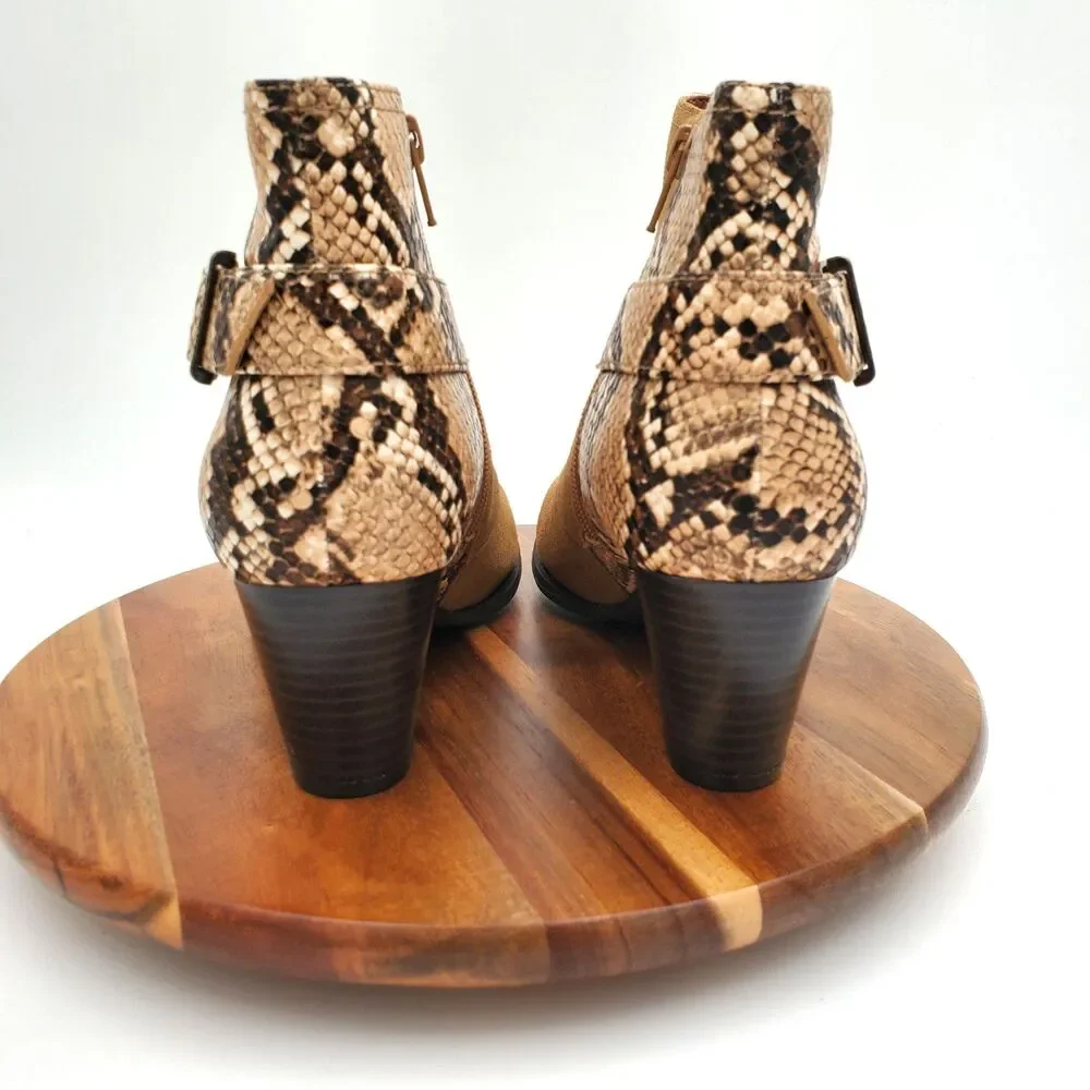 New Vionic Ankle Boots Women’s 7 Brown Suede Leather Zip Booties Snake Orthotic